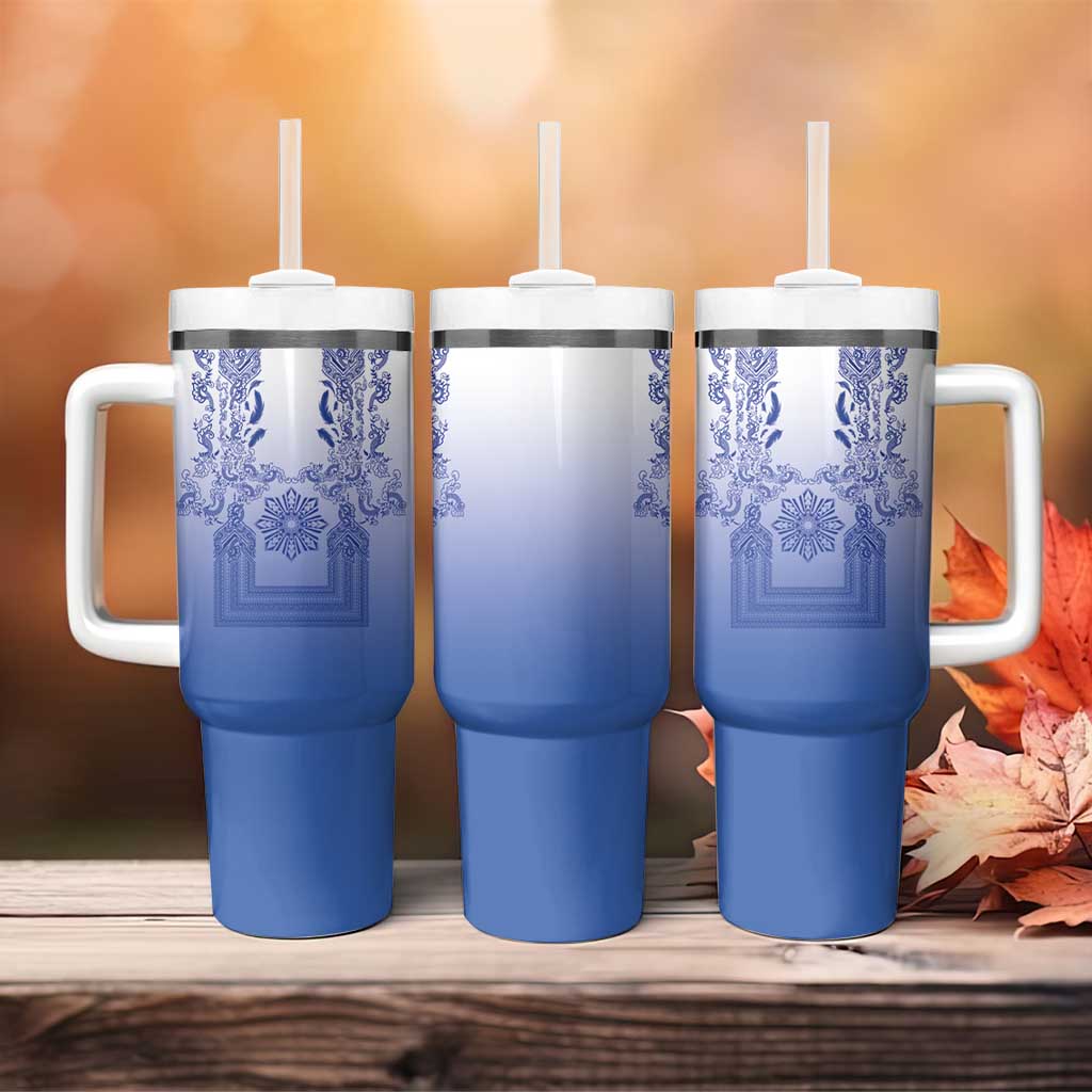 Philippines Barong Style Tumbler With Handle with Polynesian Art and Leaf Motif Blue Color