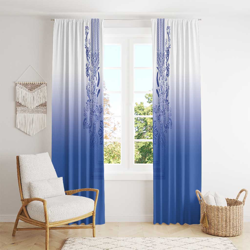 Philippines Barong Style Window Curtain with Polynesian Art and Leaf Motif Blue Color