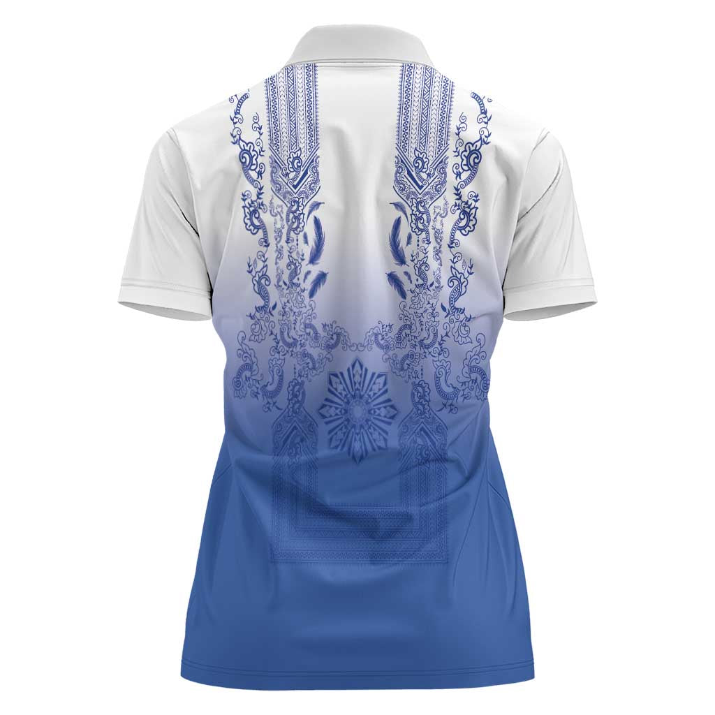 Philippines Barong Style Women Polo Shirt with Polynesian Art and Leaf Motif Blue Color