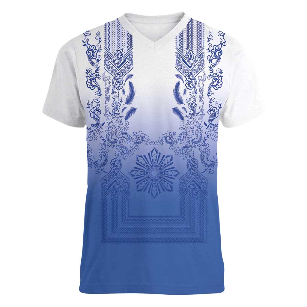 Philippines Barong Style Women V-Neck T-Shirt with Polynesian Art and Leaf Motif Blue Color