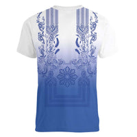 Philippines Barong Style Women V-Neck T-Shirt with Polynesian Art and Leaf Motif Blue Color