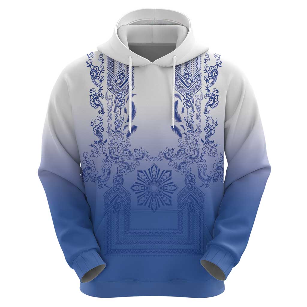 Philippines Barong Style Zip Hoodie with Polynesian Art and Leaf Motif Blue Color