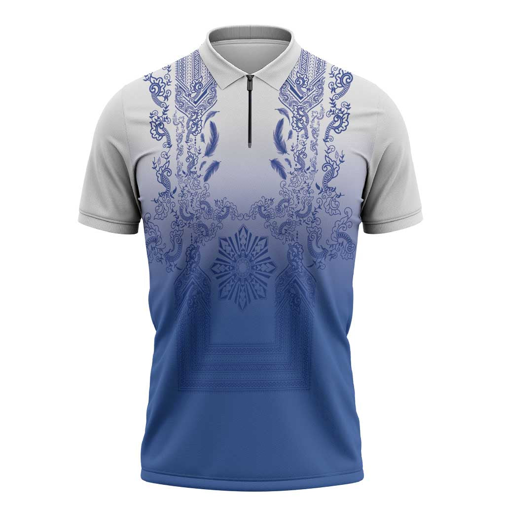 Philippines Barong Style Zipper Polo Shirt with Polynesian Art and Leaf Motif Blue Color