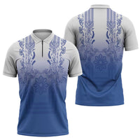 Philippines Barong Style Zipper Polo Shirt with Polynesian Art and Leaf Motif Blue Color