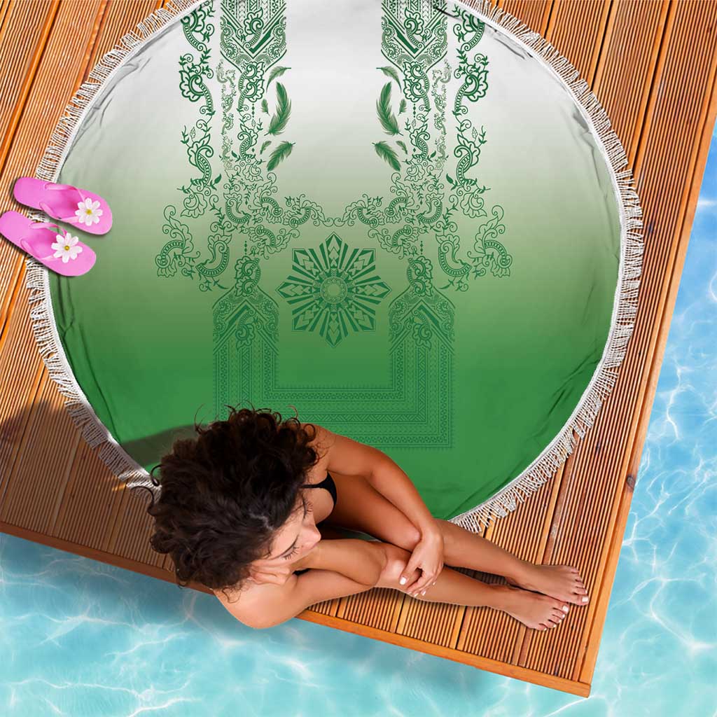 Philippines Barong Style Beach Blanket with Polynesian Art and Leaf Motif Green Color