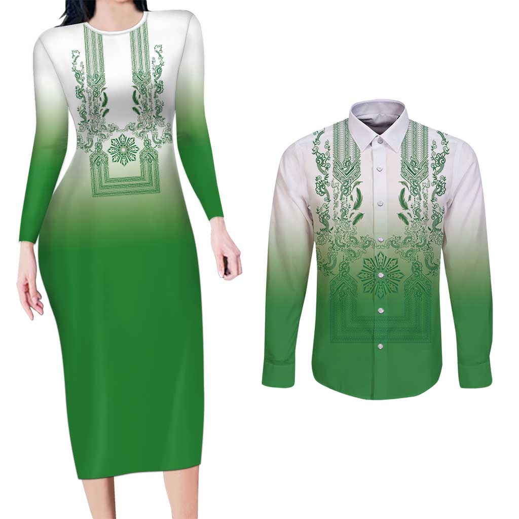 Philippines Barong Style Couples Matching Long Sleeve Bodycon Dress and Long Sleeve Button Shirt with Polynesian Art and Leaf Motif Green Color LT03 Green - Polynesian Pride