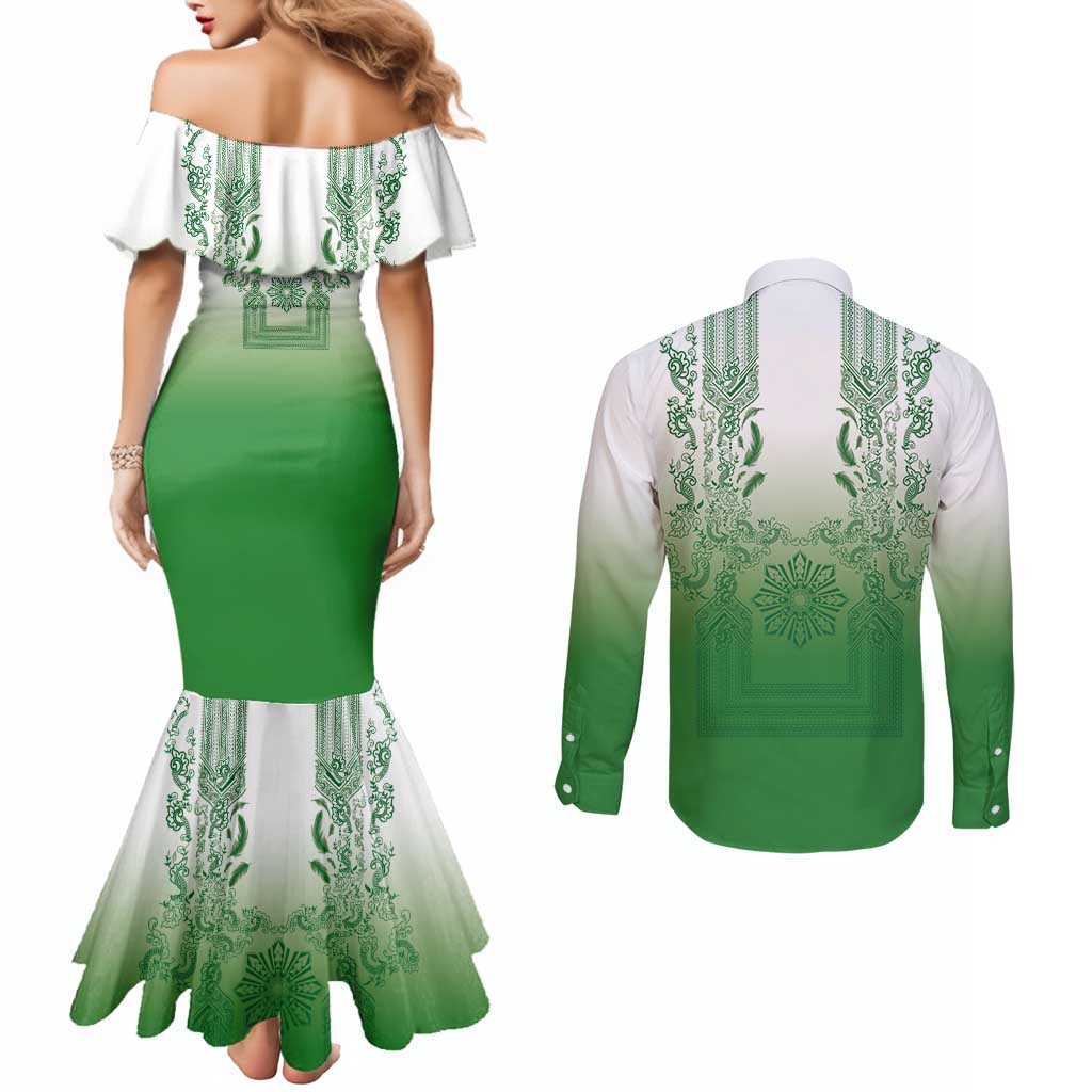 Philippines Barong Style Couples Matching Mermaid Dress and Long Sleeve Button Shirt with Polynesian Art and Leaf Motif Green Color LT03 - Polynesian Pride