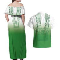 Philippines Barong Style Couples Matching Off Shoulder Maxi Dress and Hawaiian Shirt with Polynesian Art and Leaf Motif Green Color LT03 - Polynesian Pride