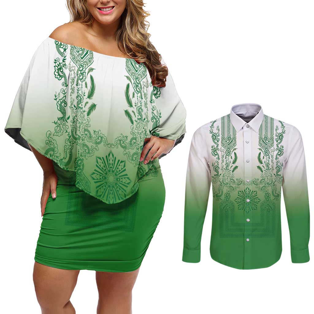 Philippines Barong Style Couples Matching Off Shoulder Short Dress and Long Sleeve Button Shirt with Polynesian Art and Leaf Motif Green Color