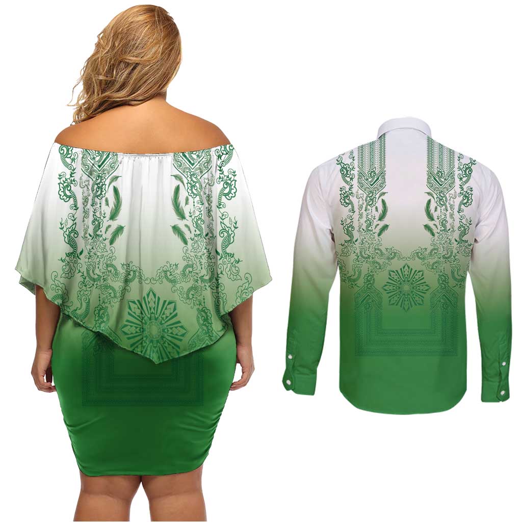 Philippines Barong Style Couples Matching Off Shoulder Short Dress and Long Sleeve Button Shirt with Polynesian Art and Leaf Motif Green Color
