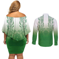 Philippines Barong Style Couples Matching Off Shoulder Short Dress and Long Sleeve Button Shirt with Polynesian Art and Leaf Motif Green Color