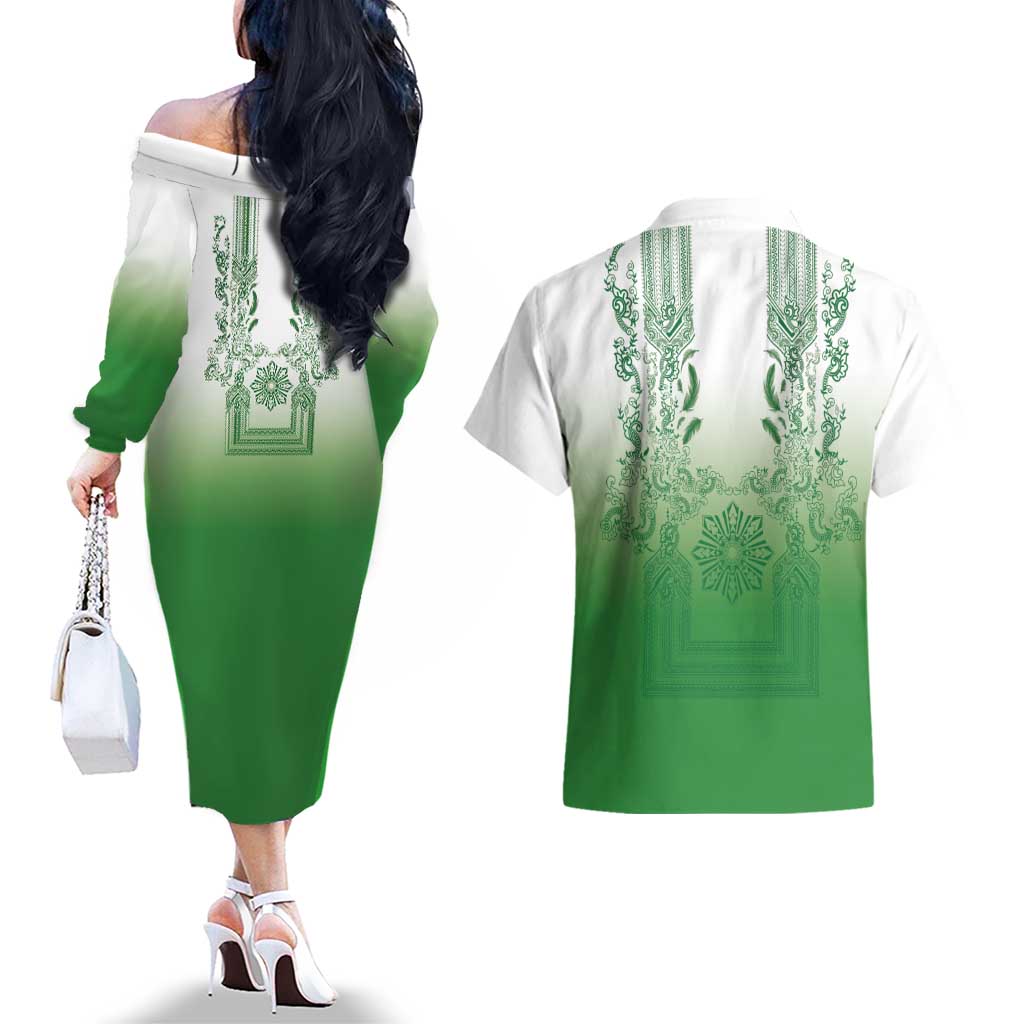 Philippines Barong Style Couples Matching Off The Shoulder Long Sleeve Dress and Hawaiian Shirt with Polynesian Art and Leaf Motif Green Color LT03 - Polynesian Pride