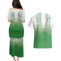 Philippines Barong Style Couples Matching Puletasi and Hawaiian Shirt with Polynesian Art and Leaf Motif Green Color