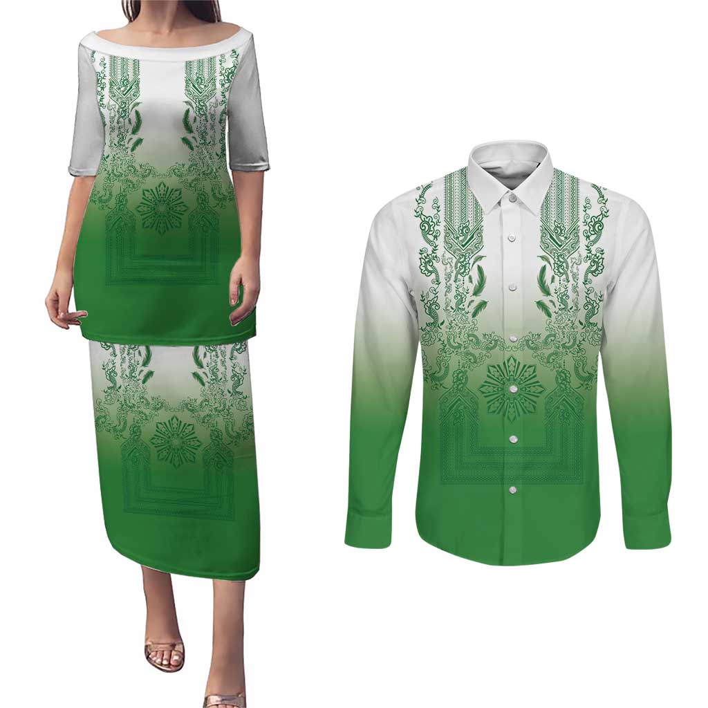 Philippines Barong Style Couples Matching Puletasi and Long Sleeve Button Shirt with Polynesian Art and Leaf Motif Green Color