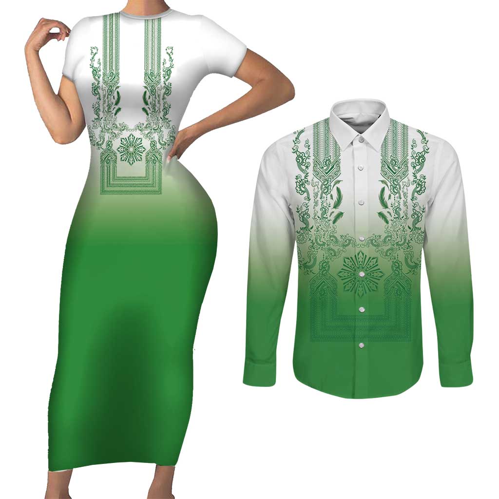 Philippines Barong Style Couples Matching Short Sleeve Bodycon Dress and Long Sleeve Button Shirt with Polynesian Art and Leaf Motif Green Color LT03 Green - Polynesian Pride