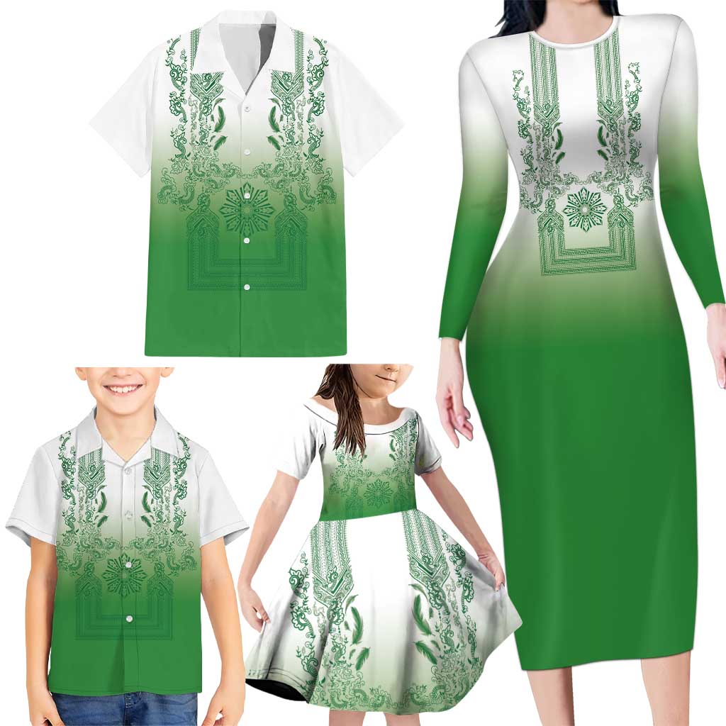 Philippines Barong Style Family Matching Long Sleeve Bodycon Dress and Hawaiian Shirt with Polynesian Art and Leaf Motif Green Color LT03 - Polynesian Pride