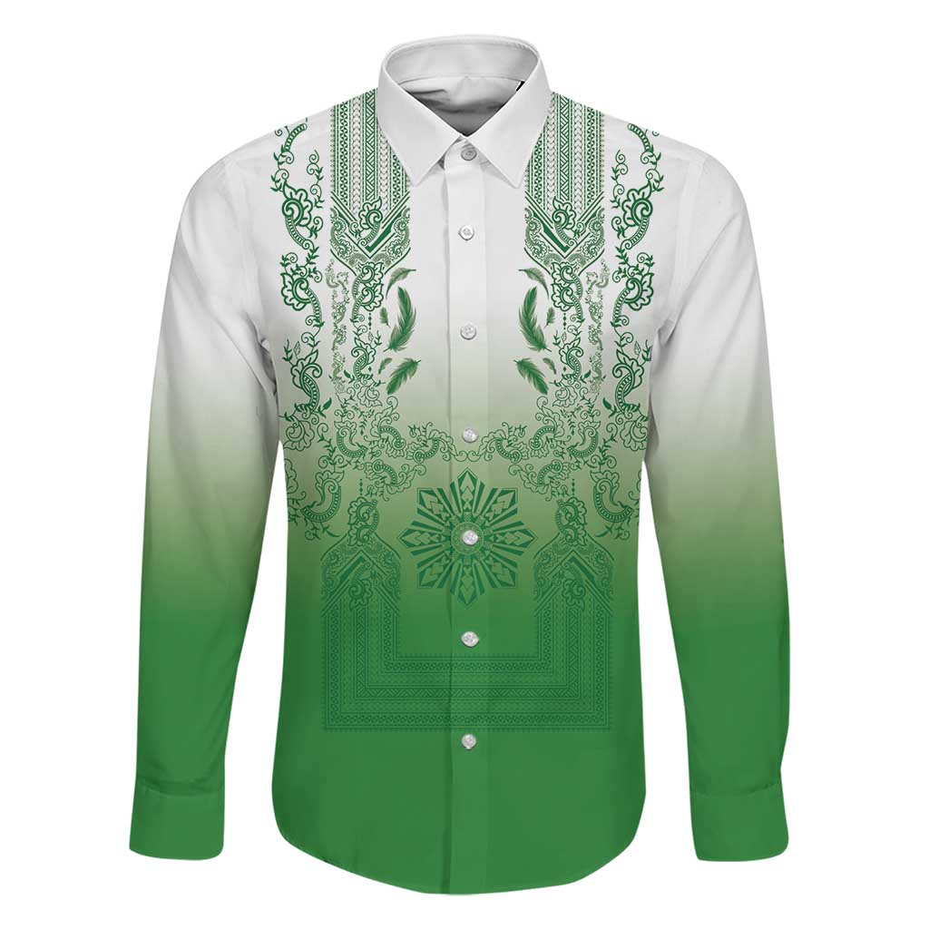 Philippines Barong Style Family Matching Long Sleeve Bodycon Dress and Hawaiian Shirt with Polynesian Art and Leaf Motif Green Color LT03 Dad's Shirt - Long Sleeve Green - Polynesian Pride