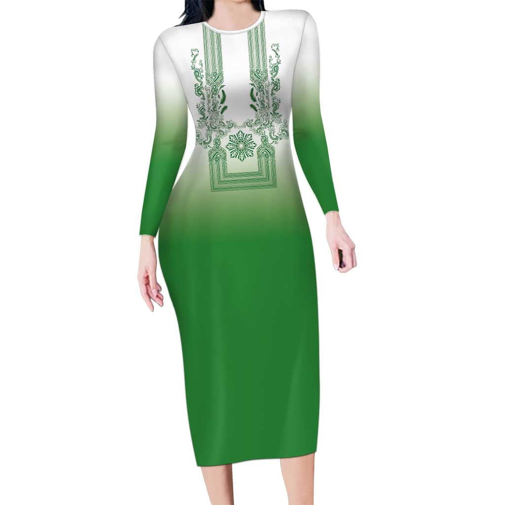 Philippines Barong Style Family Matching Long Sleeve Bodycon Dress and Hawaiian Shirt with Polynesian Art and Leaf Motif Green Color LT03 Mom's Dress Green - Polynesian Pride