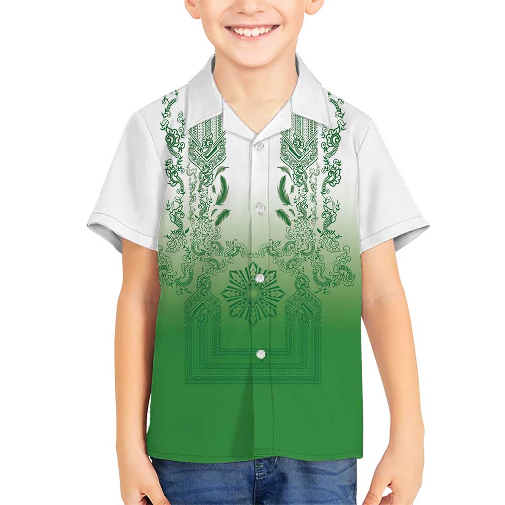 Philippines Barong Style Family Matching Long Sleeve Bodycon Dress and Hawaiian Shirt with Polynesian Art and Leaf Motif Green Color LT03 Son's Shirt Green - Polynesian Pride