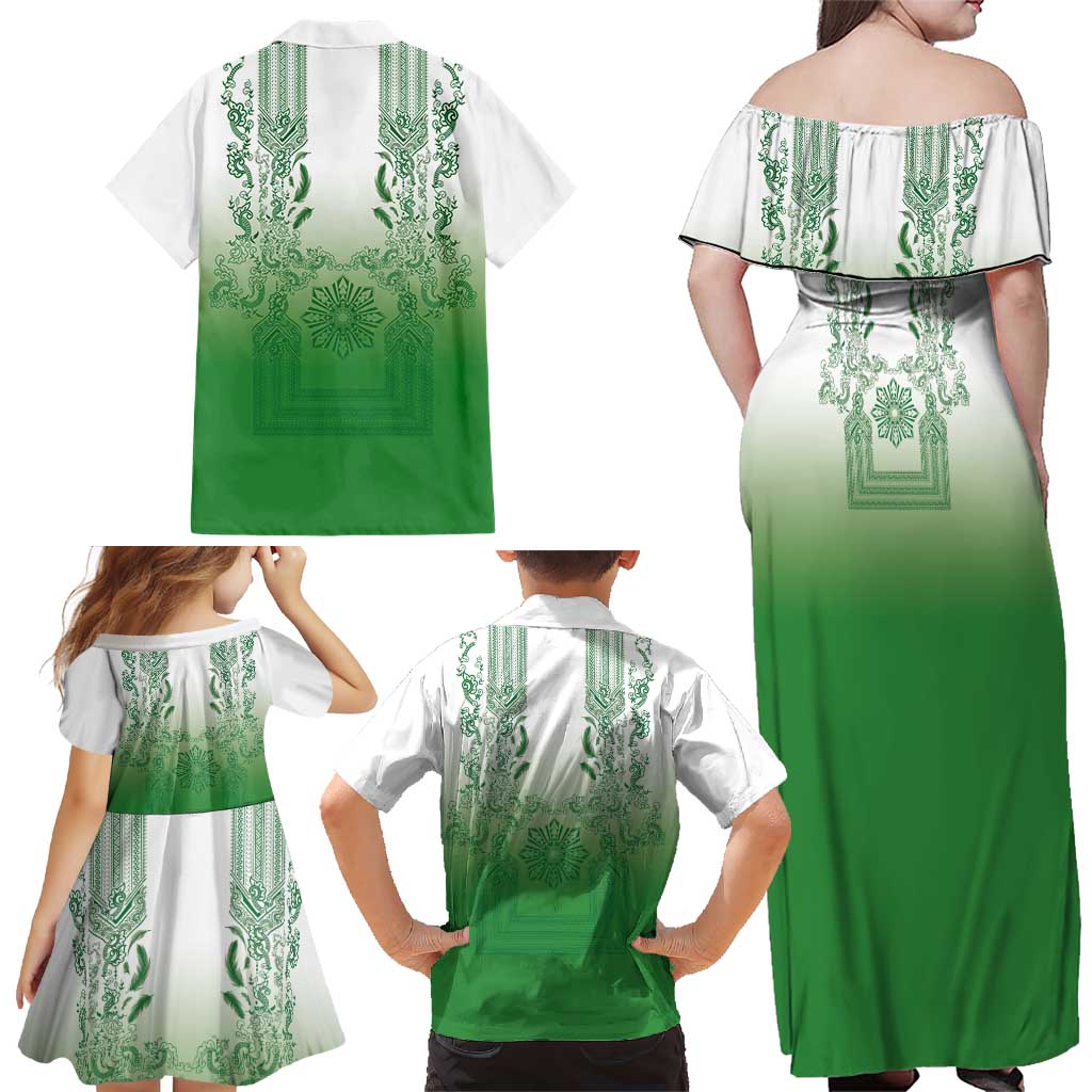 Philippines Barong Style Family Matching Off Shoulder Maxi Dress and Hawaiian Shirt with Polynesian Art and Leaf Motif Green Color LT03 - Polynesian Pride