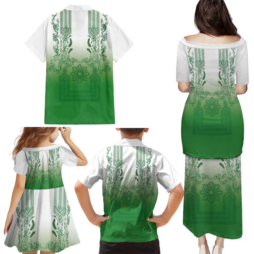 Philippines Barong Style Family Matching Puletasi and Hawaiian Shirt with Polynesian Art and Leaf Motif Green Color LT03 - Polynesian Pride