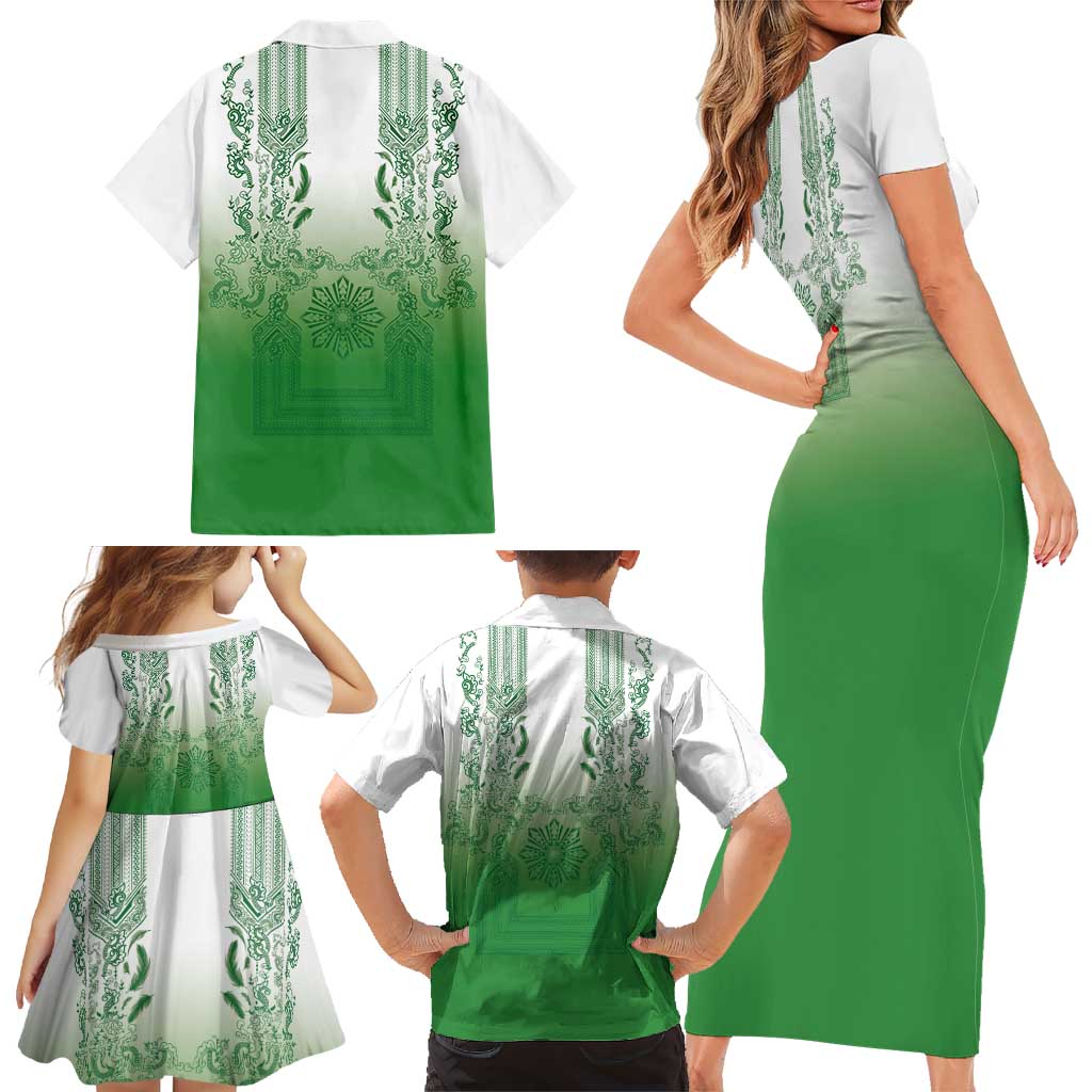 Philippines Barong Style Family Matching Short Sleeve Bodycon Dress and Hawaiian Shirt with Polynesian Art and Leaf Motif Green Color LT03 - Polynesian Pride