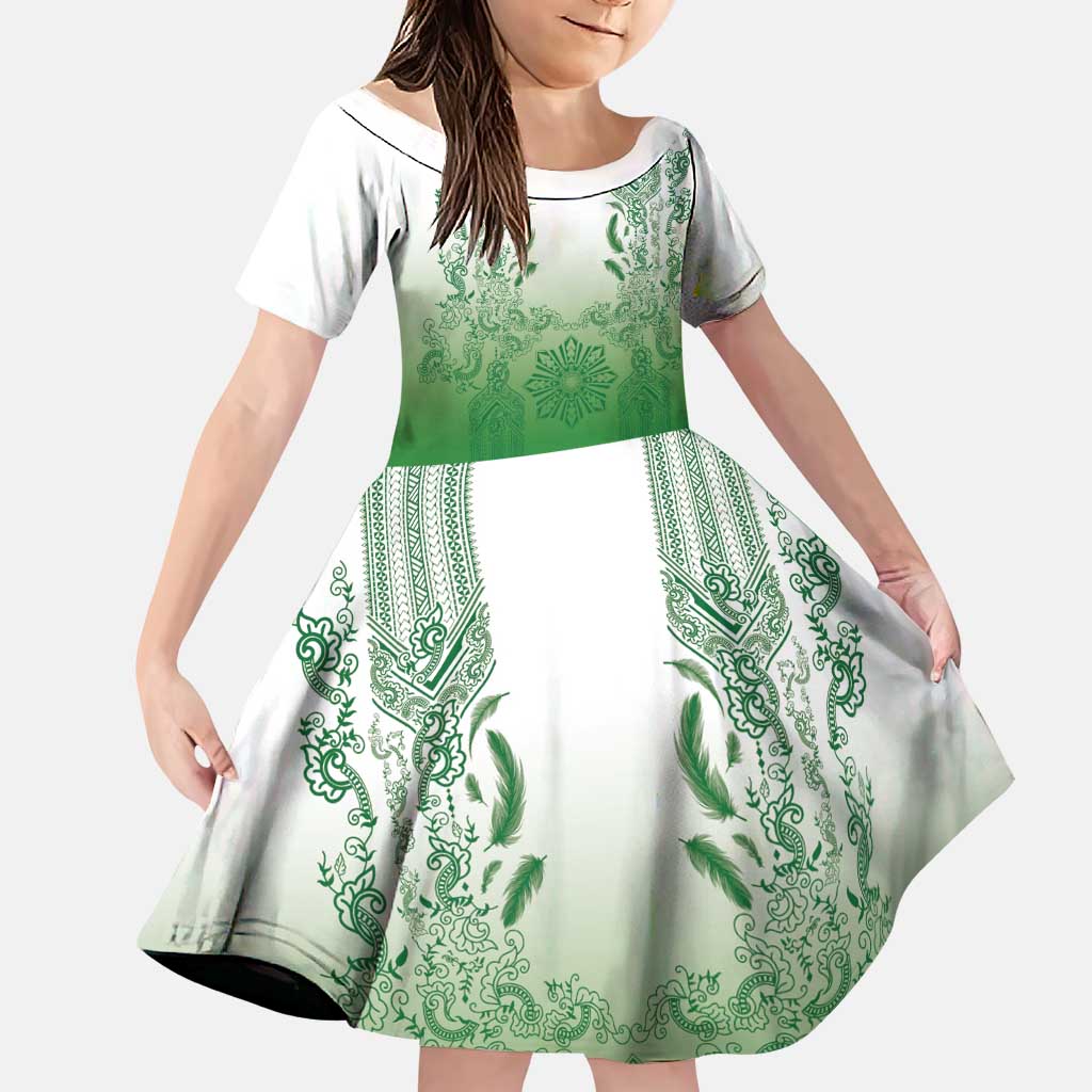 Philippines Barong Style Family Matching Tank Maxi Dress and Hawaiian Shirt with Polynesian Art and Leaf Motif Green Color LT03 Daughter's Dress Green - Polynesian Pride