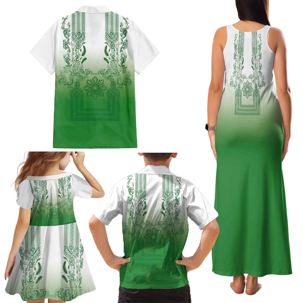 Philippines Barong Style Family Matching Tank Maxi Dress and Hawaiian Shirt with Polynesian Art and Leaf Motif Green Color LT03 - Polynesian Pride