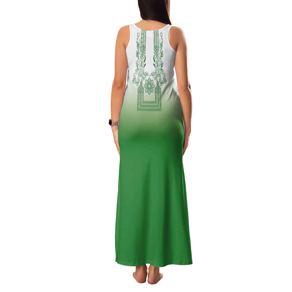 Philippines Barong Style Family Matching Tank Maxi Dress and Hawaiian Shirt with Polynesian Art and Leaf Motif Green Color LT03 - Polynesian Pride