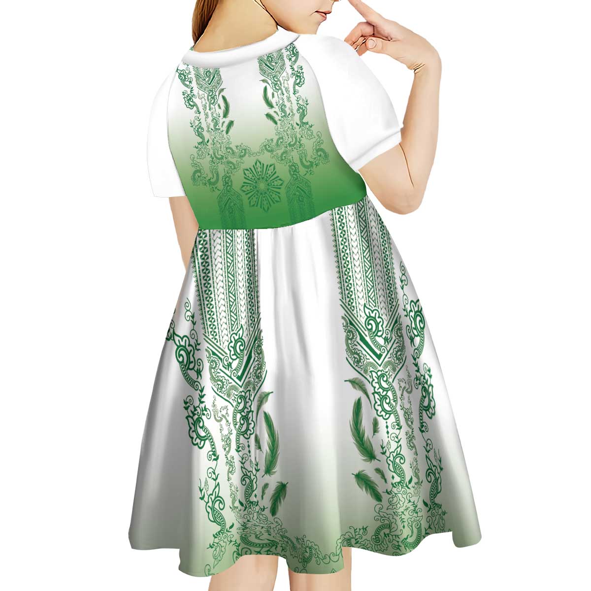 Philippines Barong Style Kid Short Sleeve Dress with Polynesian Art and Leaf Motif Green Color