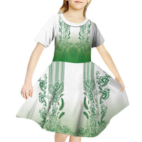 Philippines Barong Style Kid Short Sleeve Dress with Polynesian Art and Leaf Motif Green Color