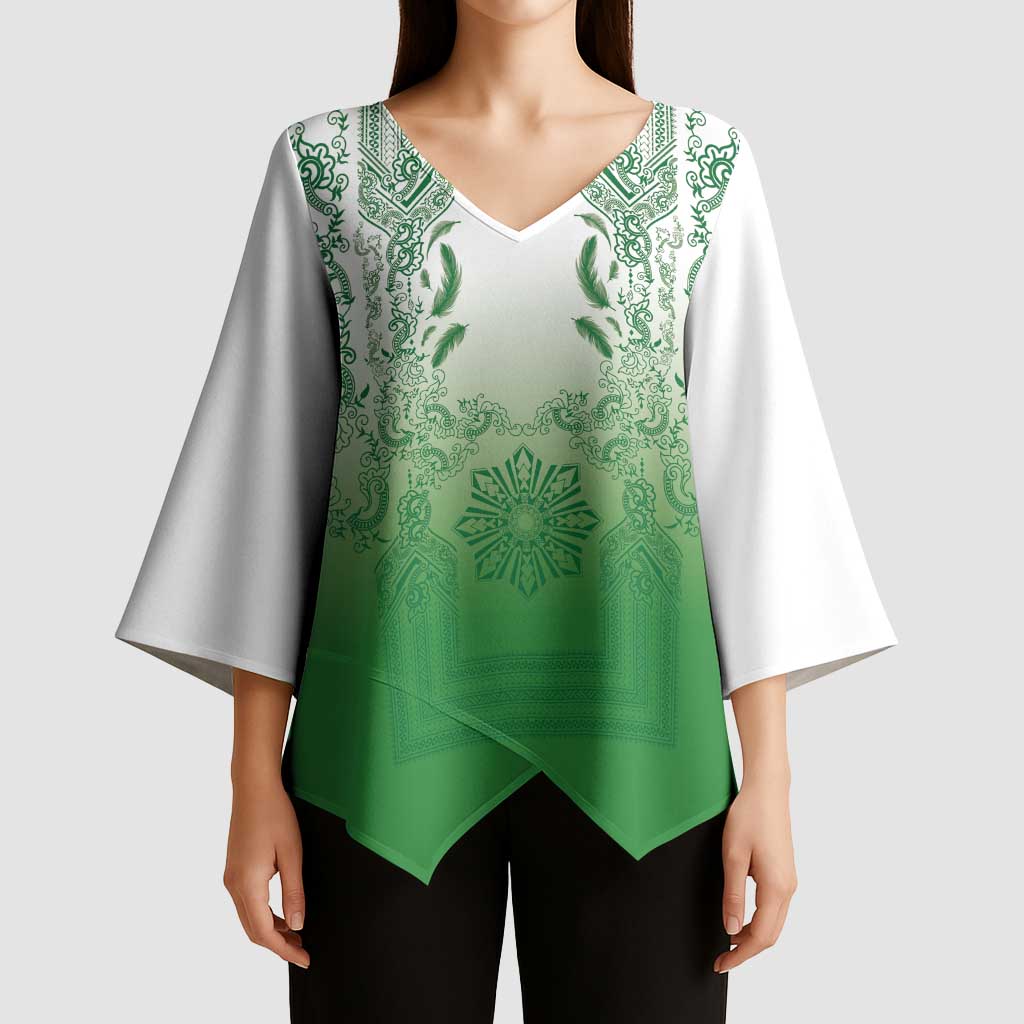 Philippines Barong Style Kimono Sleeve Blouse with Polynesian Art and Leaf Motif Green Color