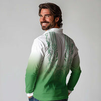 Philippines Barong Style Long Sleeve Polo Shirt with Polynesian Art and Leaf Motif Green Color