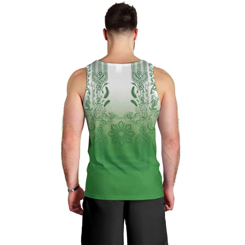 Philippines Barong Style Men Tank Top with Polynesian Art and Leaf Motif Green Color