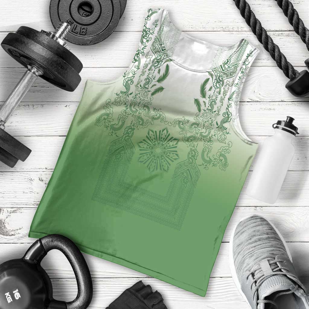Philippines Barong Style Men Tank Top with Polynesian Art and Leaf Motif Green Color