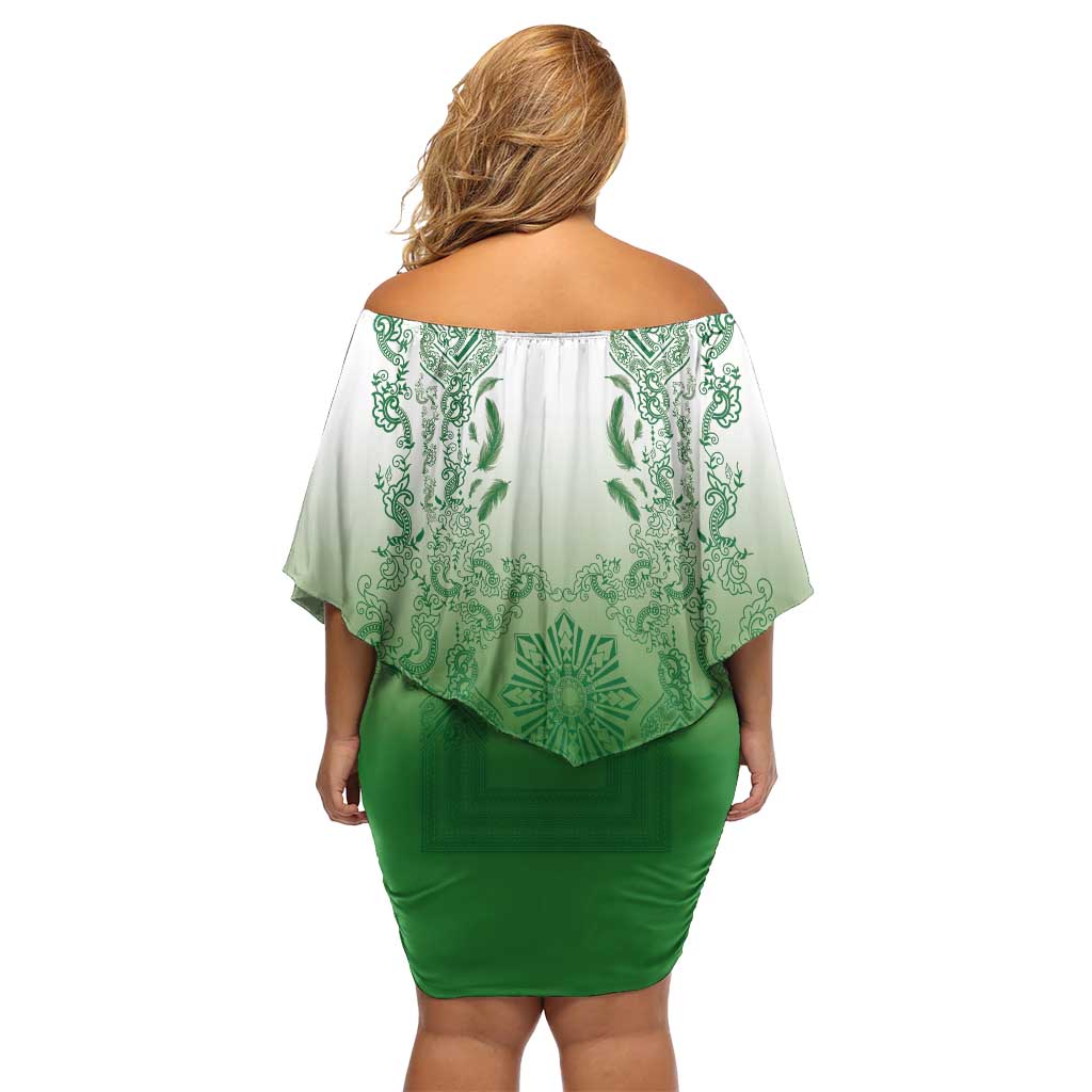 Philippines Barong Style Off Shoulder Short Dress with Polynesian Art and Leaf Motif Green Color