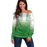 Philippines Barong Style Off Shoulder Sweater with Polynesian Art and Leaf Motif Green Color