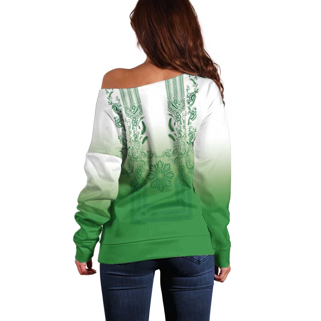 Philippines Barong Style Off Shoulder Sweater with Polynesian Art and Leaf Motif Green Color