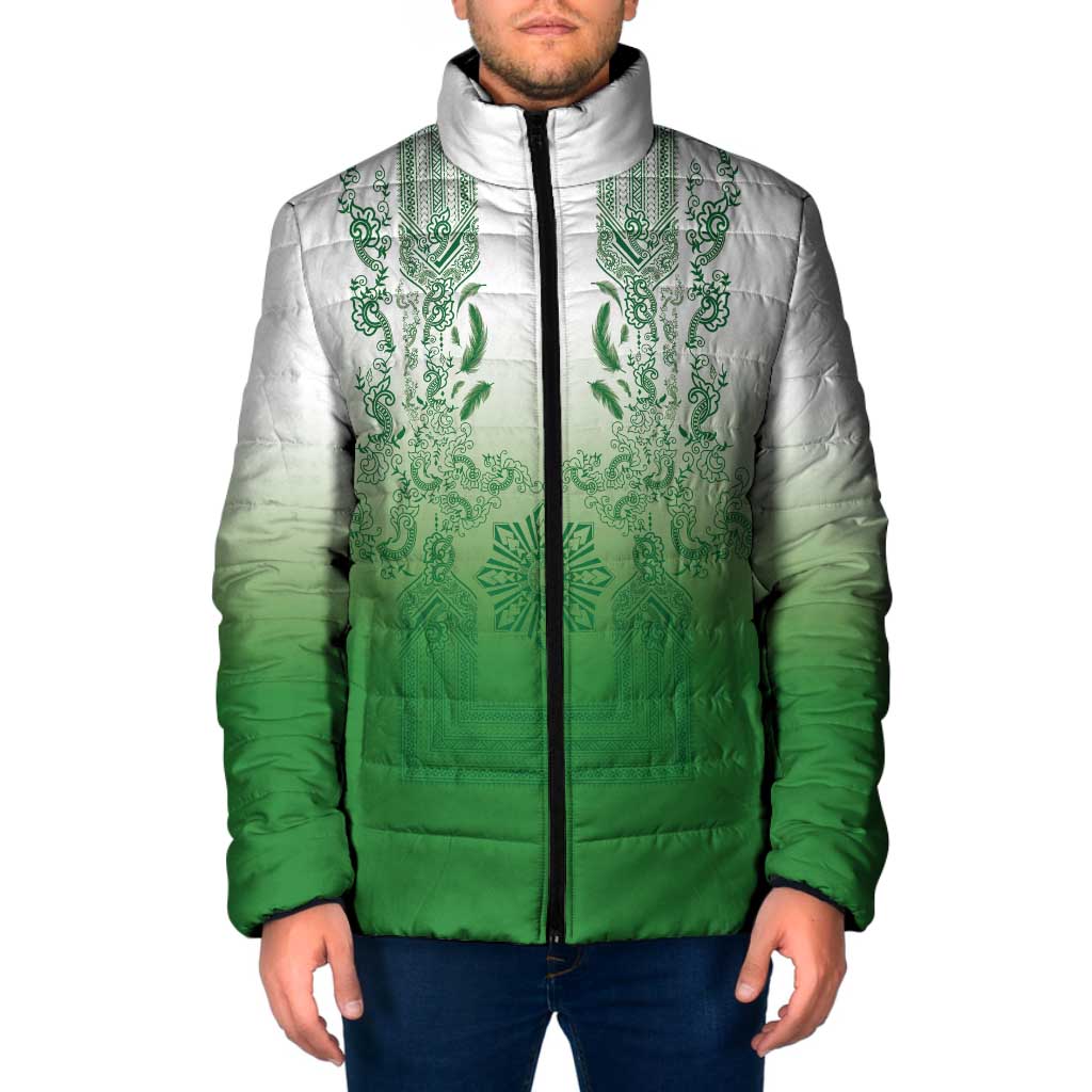 Philippines Barong Style Padded Jacket with Polynesian Art and Leaf Motif Green Color