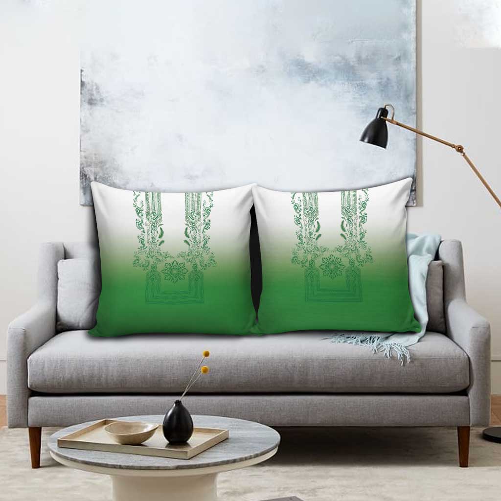 Philippines Barong Style Pillow Cover with Polynesian Art and Leaf Motif Green Color
