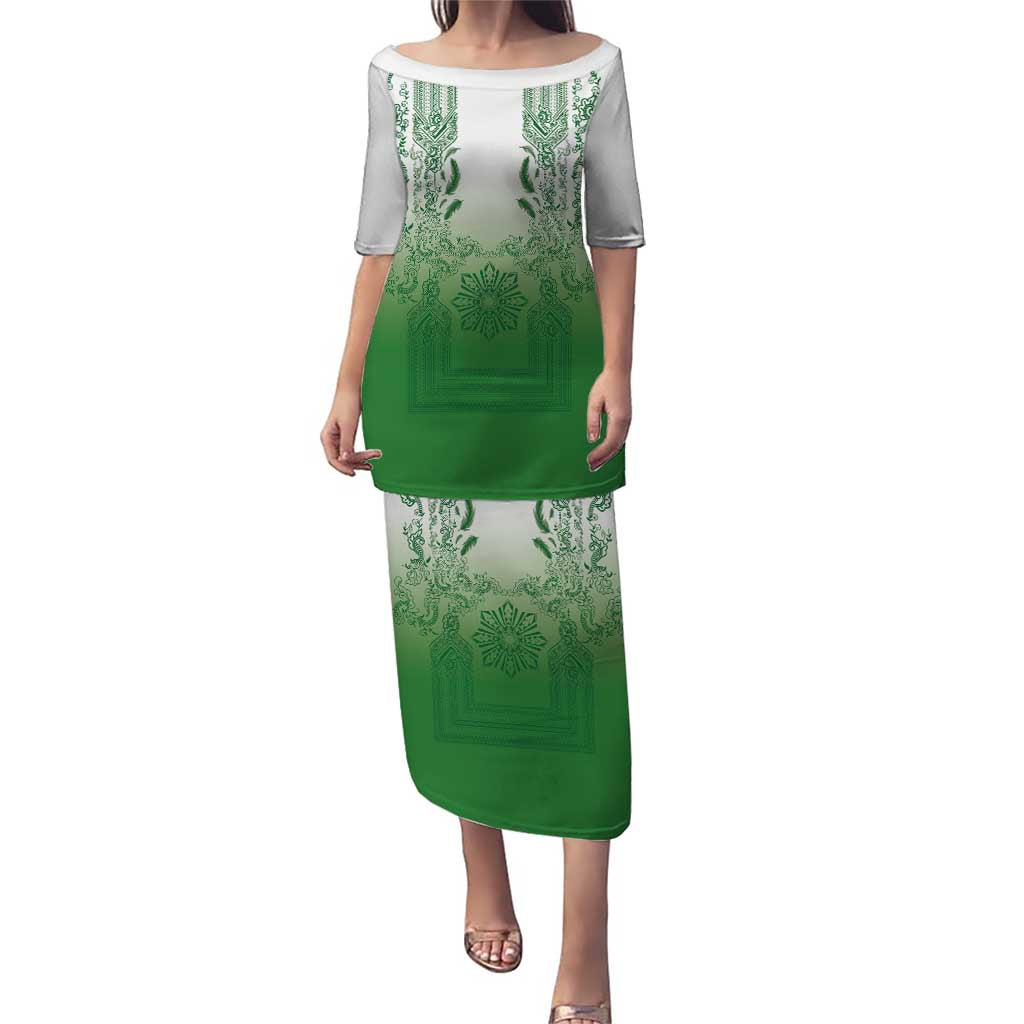 Philippines Barong Style Puletasi with Polynesian Art and Leaf Motif Green Color
