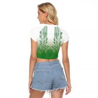 Philippines Barong Style Raglan Cropped T Shirt with Polynesian Art and Leaf Motif Green Color