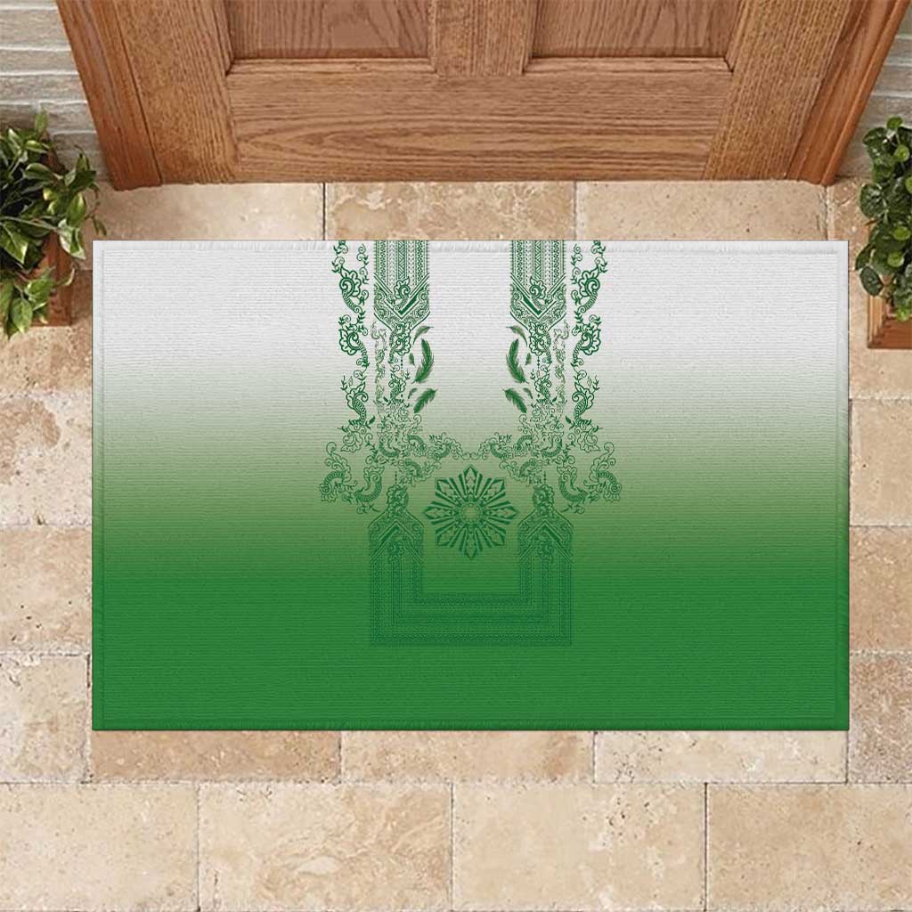 Philippines Barong Style Rubber Doormat with Polynesian Art and Leaf Motif Green Color