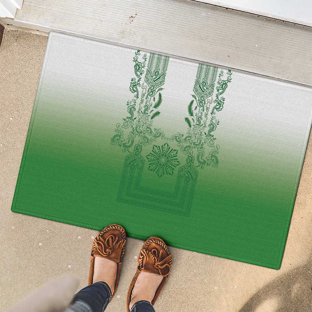 Philippines Barong Style Rubber Doormat with Polynesian Art and Leaf Motif Green Color