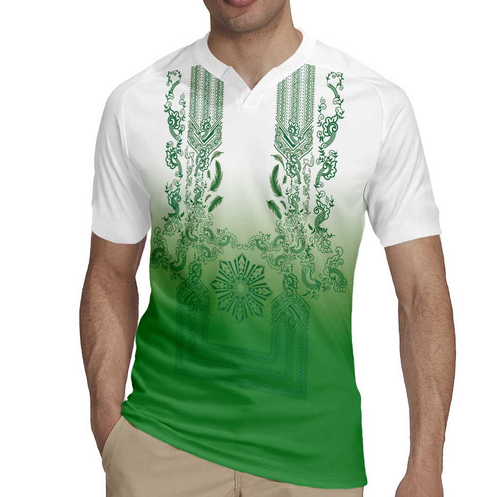 Philippines Barong Style Rugby Jersey with Polynesian Art and Leaf Motif Green Color