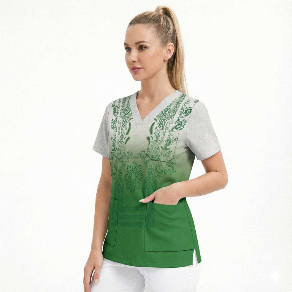Philippines Barong Style Scrub Top with Polynesian Art and Leaf Motif Green Color
