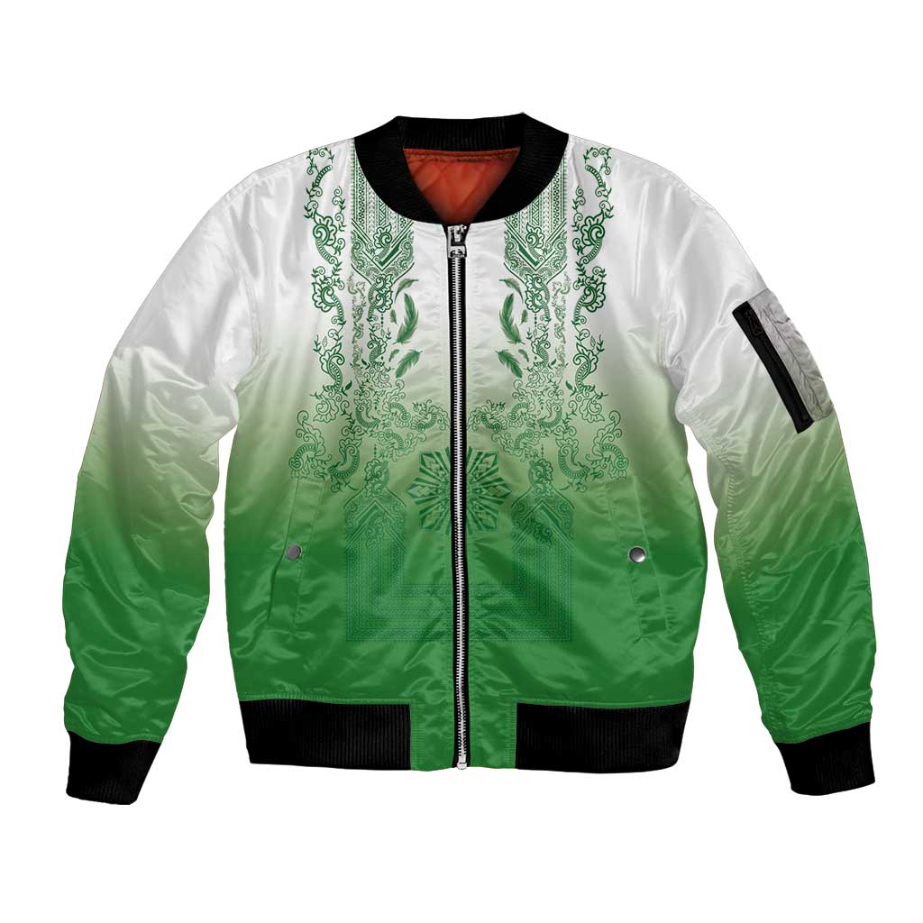 Philippines Barong Style Sleeve Zip Bomber Jacket with Polynesian Art and Leaf Motif Green Color