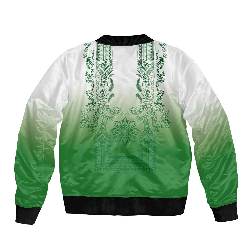 Philippines Barong Style Sleeve Zip Bomber Jacket with Polynesian Art and Leaf Motif Green Color LT03 - Polynesian Pride