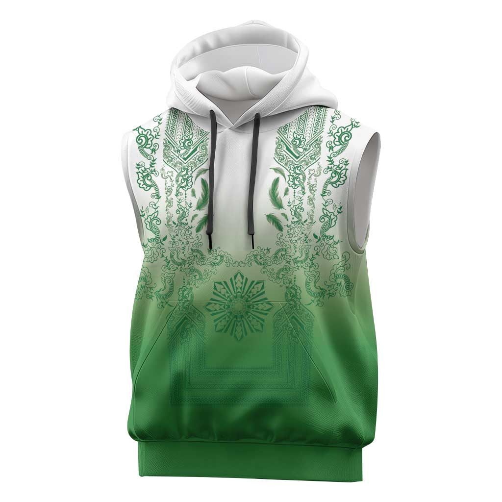 Philippines Barong Style Sleeveless Hoodie with Polynesian Art and Leaf Motif Green Color
