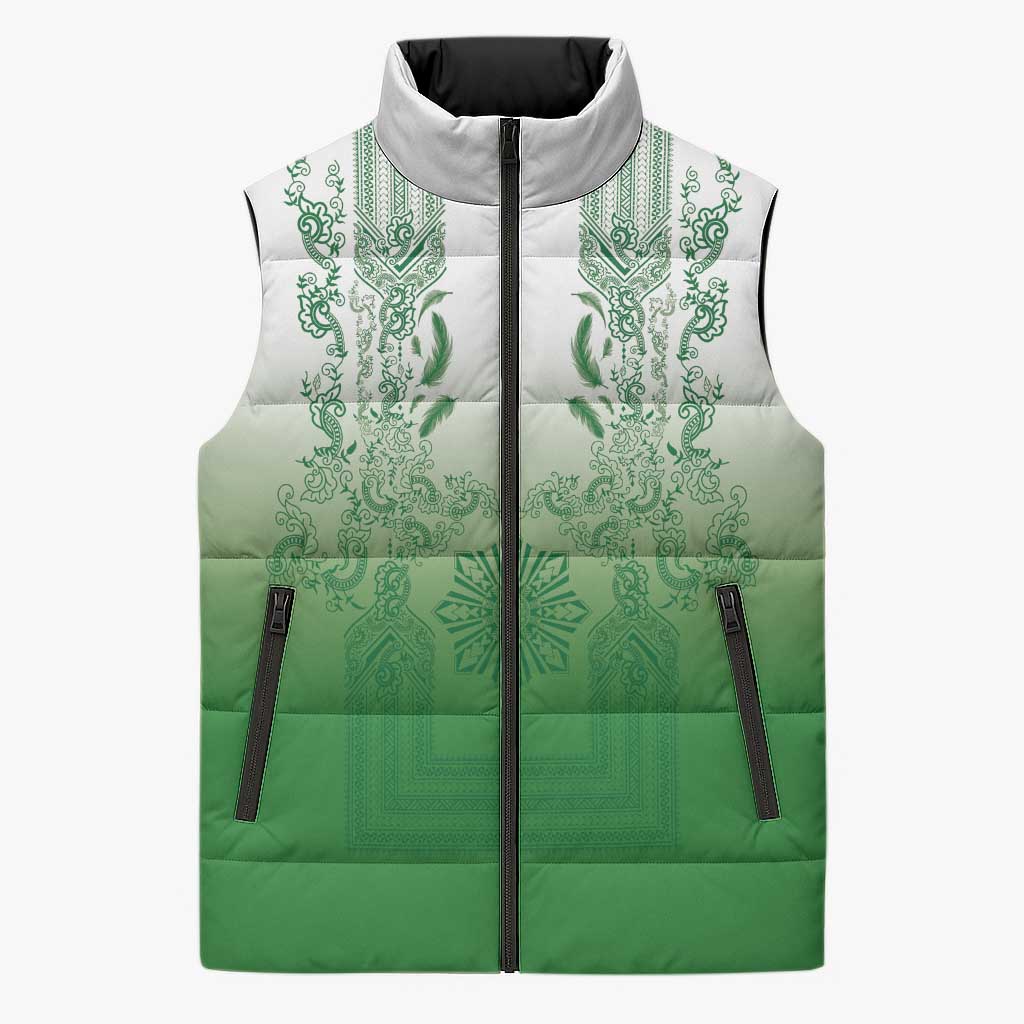 Philippines Barong Style Sleeveless Puffer Jacket with Polynesian Art and Leaf Motif Green Color